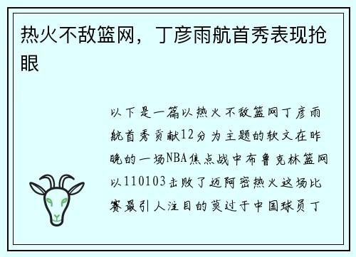 热火不敌篮网，丁彦雨航首秀表现抢眼