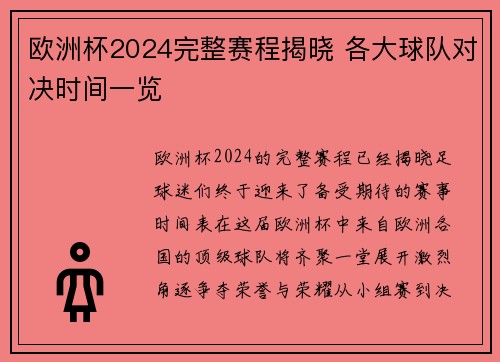 欧洲杯2024完整赛程揭晓 各大球队对决时间一览